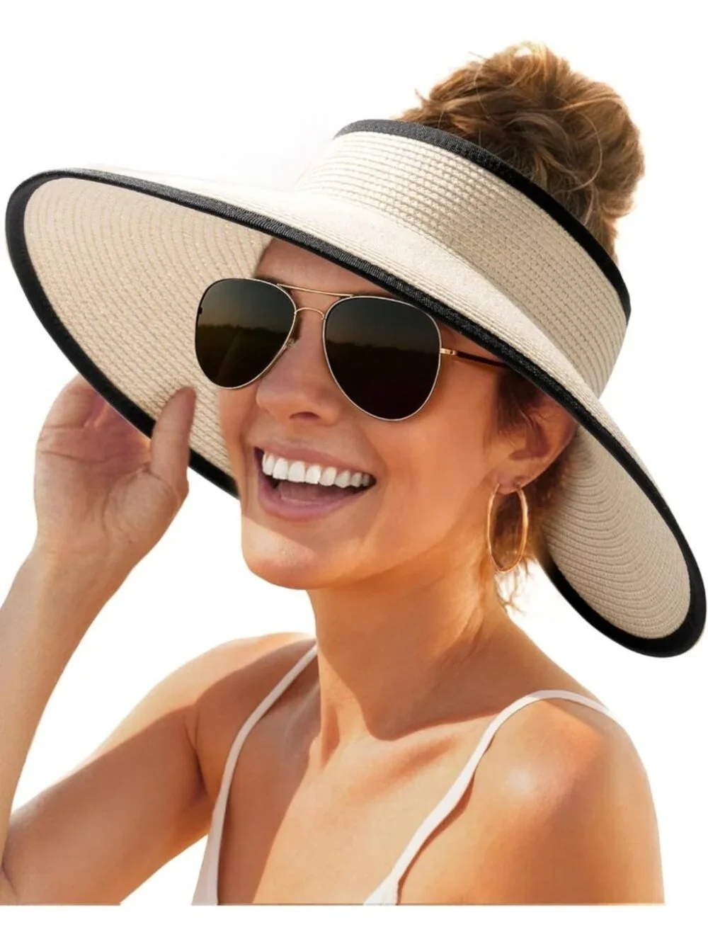 Wide Brim Straw Sun Hat for Women - UV Protection, Packable Beach Visor, Summer